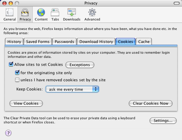Firefox cookie preferences