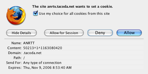 The site anrtx.tacoda.net wants to set a cookie.