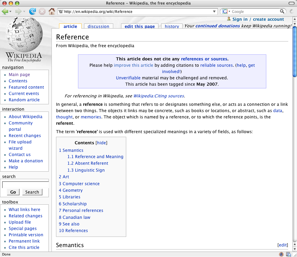 Wikipedia Reference article does not cite any sources or references