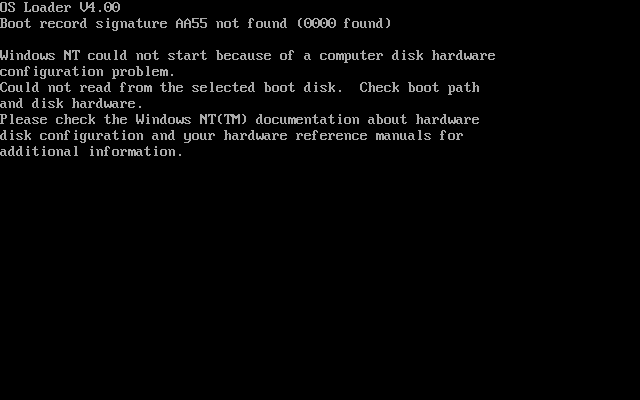 Windows NT could not start because of a computer disk hardware configuration problem