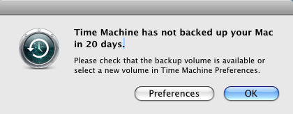 Time Machine has not backed up your Mac in 20 days. PLease check that the backup volume is available or select a new volume in Time Machine Preferences.